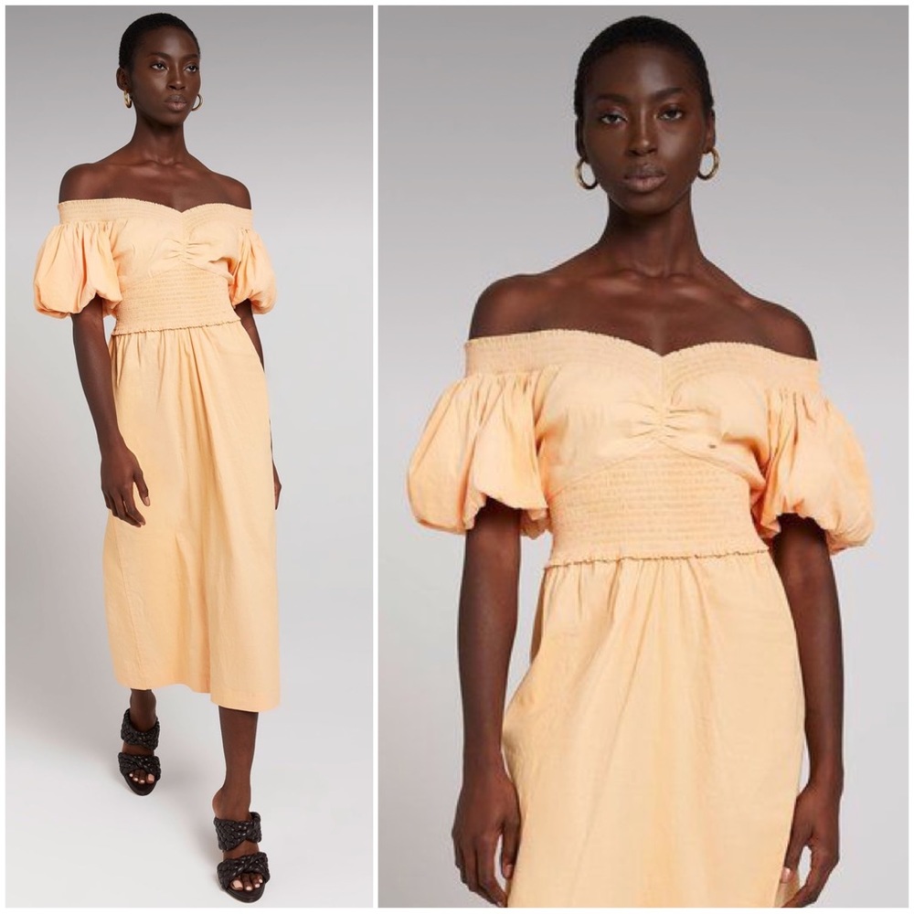 •A.L.C.• Adena‎ Linen Off-the-Shoulder Puff Sleeve Midi Dress Cantaloupe Size 2
